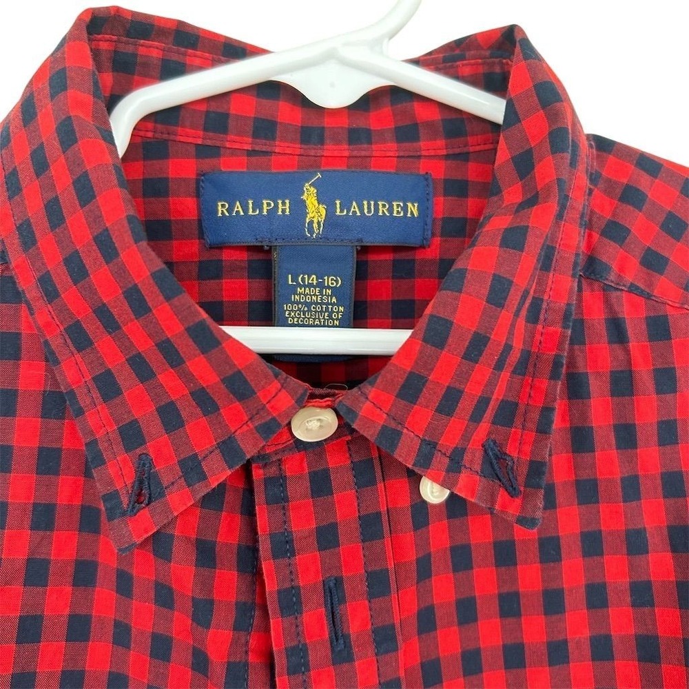 Ralph Lauren Button Down Shirt Boys L 14-16 Red Navy Gingham Check Pony Logo